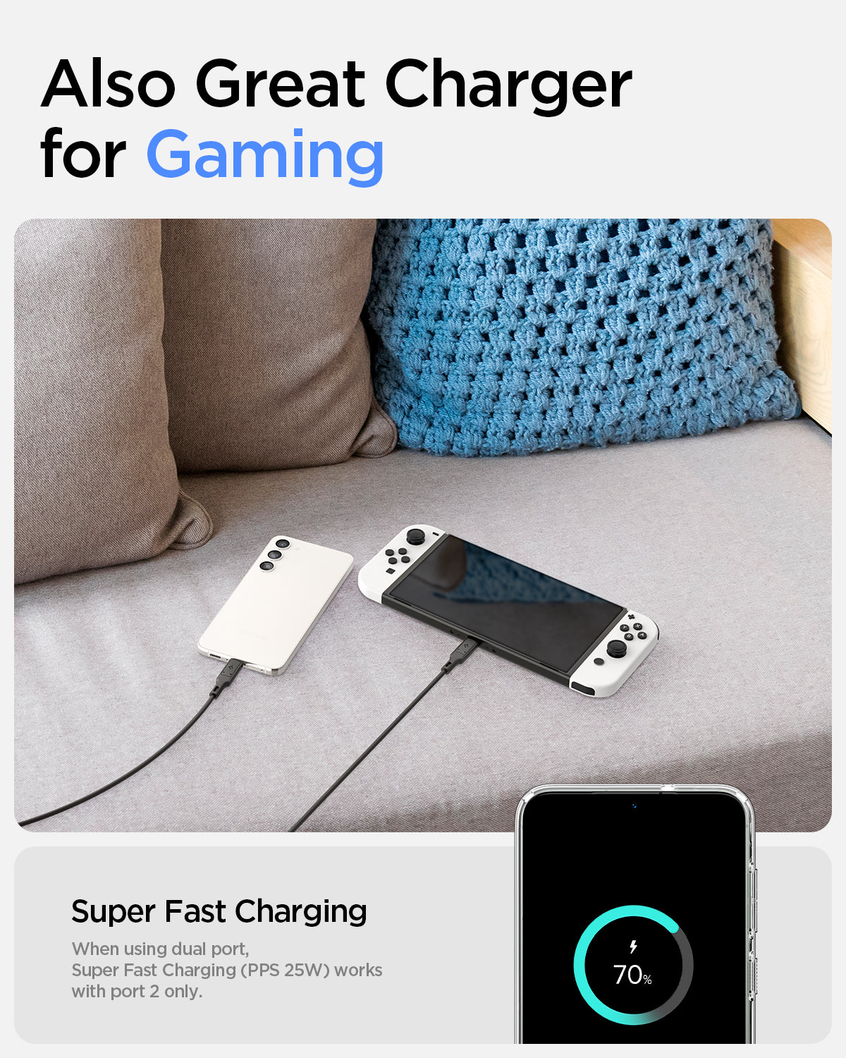 ACH05162 - ArcStation™ Pro GaN 652 Dual USB-C Wall Charger PE2204 in Sierra Blue showing the Also Great Charger for Gaming below is a sofa with a device and a gaming console both attached to a charger cord, with words below saying Super Fast Charging when using dual port, and PPS 25W works with port 2 only and a device showing charging indicator of 70%