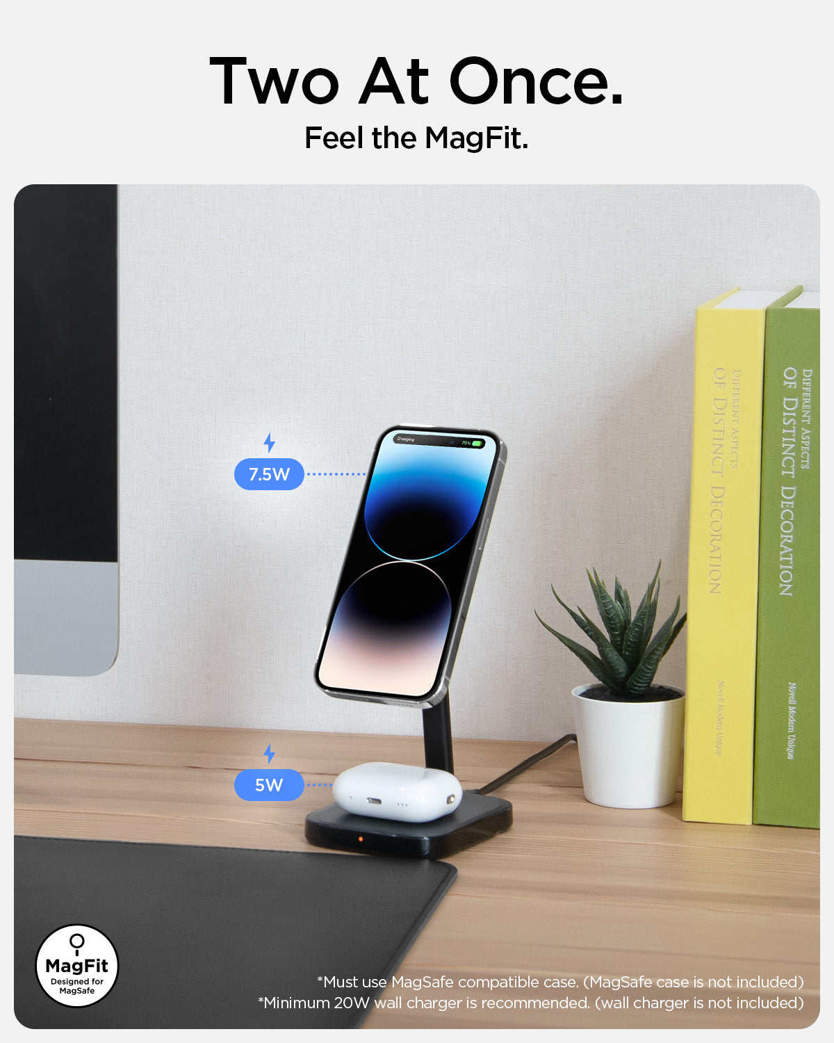 ACH05439 - ArcField™ Magnetic Wireless Charger Stand PF2100 (MagFit) in Black showing the Two At Once. Feel the Magfit with 7.5W on the ring and another with 5W.  Must use Magsafe compatible case. Minimum 20W wall charger is recommended