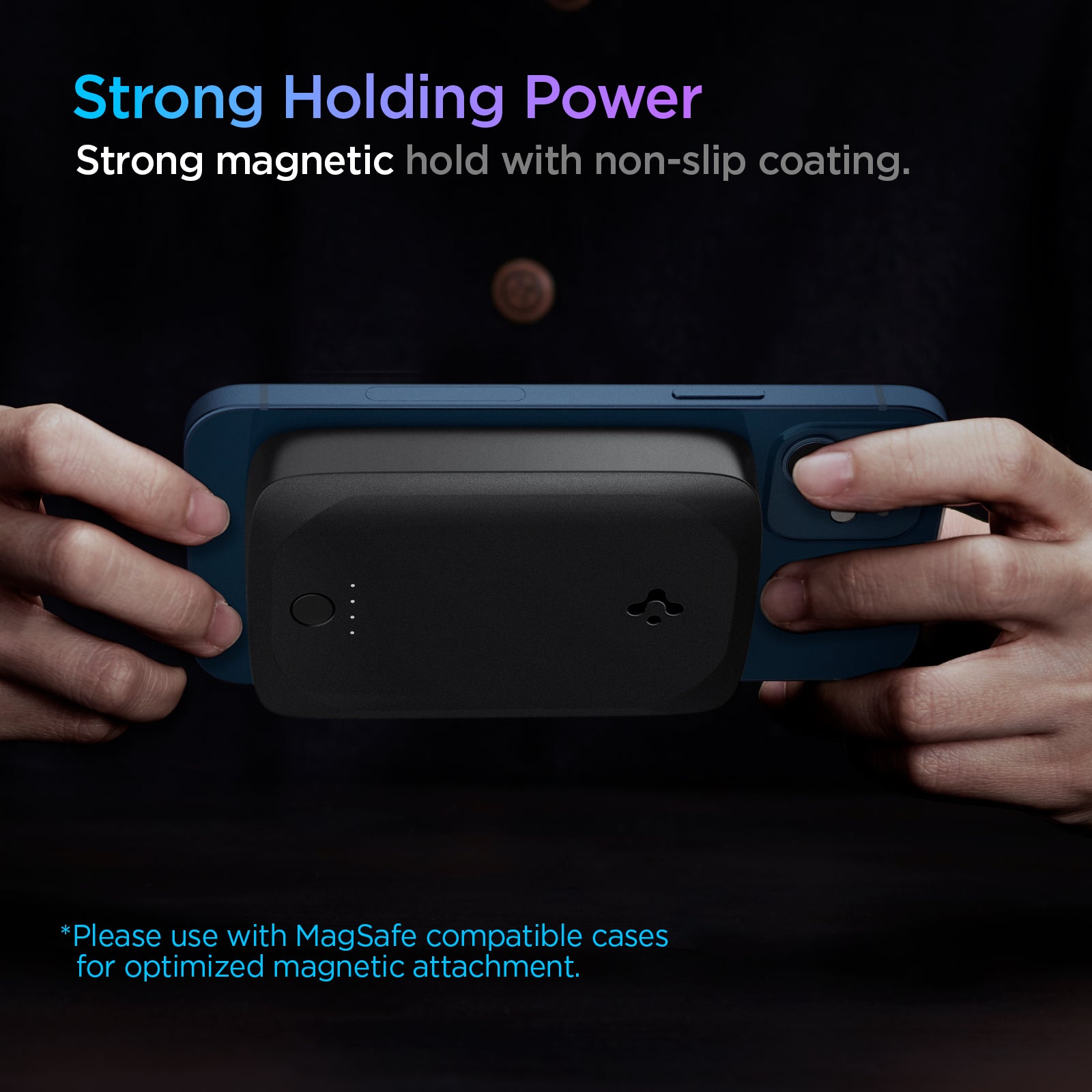 ABA04241 - ArcHybrid 7.5W Portable Wireless Charger PH2100 (MagFit) in Black showing the Strong Holding Power. Strong magnetic hold with non-slip coating. A man holding the device with both hands with wireless charger attached to it's back. Use magsafe compatible cases.