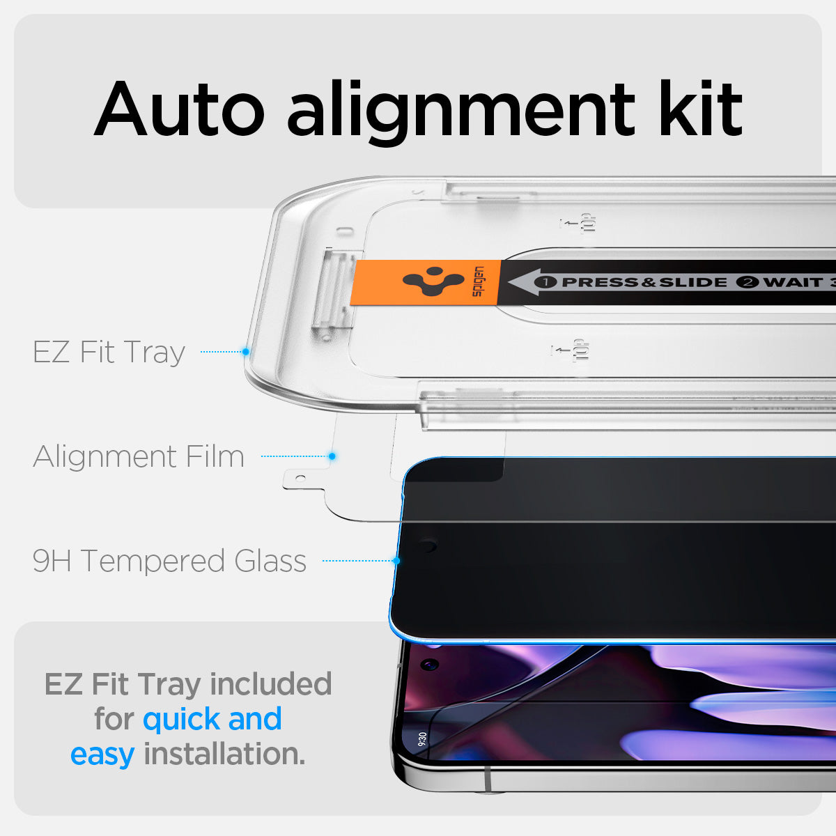 AGL09312 - Pixel 9 Pro GLAS.tR EZ Fit Privacy in Privacy showing the auto alignment kit. It Includes EZ Fit Tray, alignment film, 9H Tempered Glass. EZ Fit Tray also included for quick and easy installation