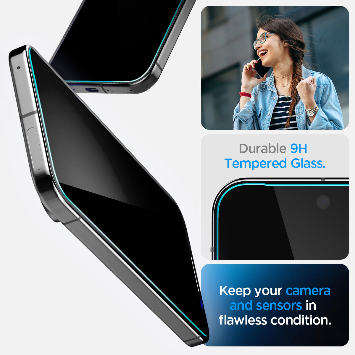 AGL09312 - Pixel 9 Pro GLAS.tR EZ Fit Privacy in Privacy showing the durable 9H tempered glass. Keep your camera and sensors in flawless condition