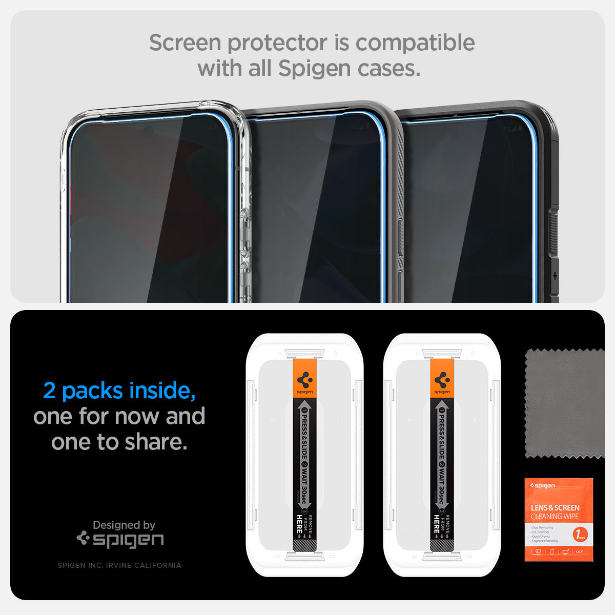 AGL09312 - Pixel 9 Pro GLAS.tR EZ Fit Privacy in Privacy showing the 
screen protector is compatible with all Spigen cases. 2 packs inside and one for now and one to share