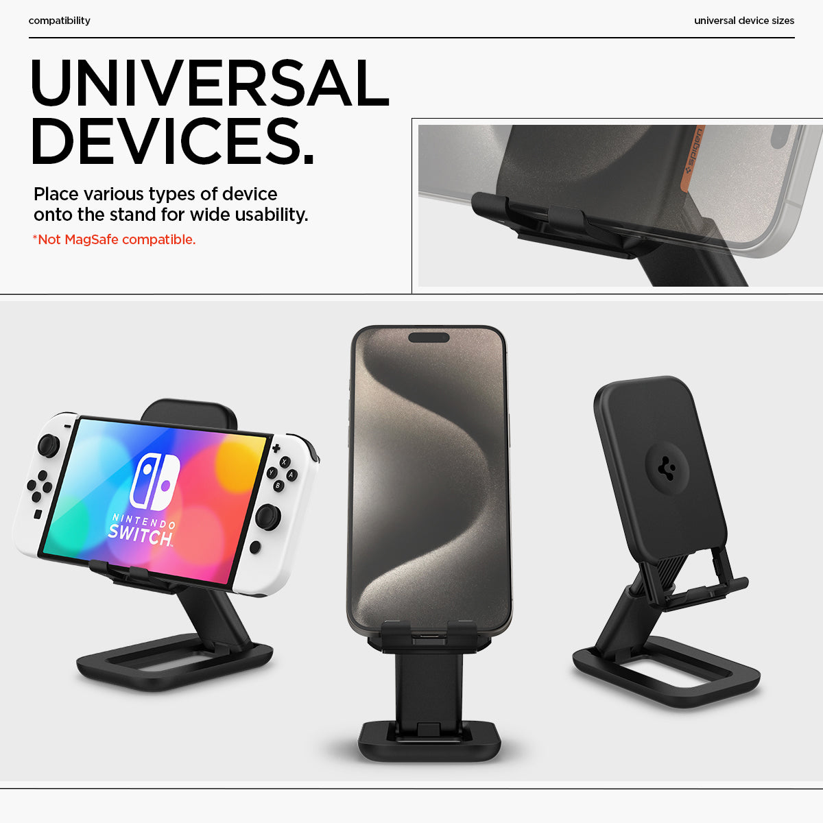 AMP07116 - Universal Phone Stand S311-1 in Black showing the universal devices, place various types of device onto the stand for wide usability