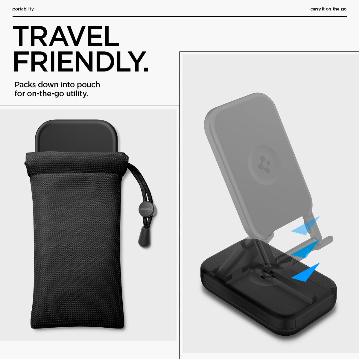 AMP07116 - Universal Phone Stand S311-1 in Black showing travel friendly, packs down into pouch for on-the-go utility