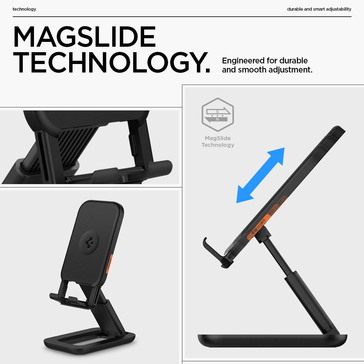 AMP07116 - Universal Phone Stand S311-1 in Black showing the magslide technology, engineered for durable and smooth adjustable