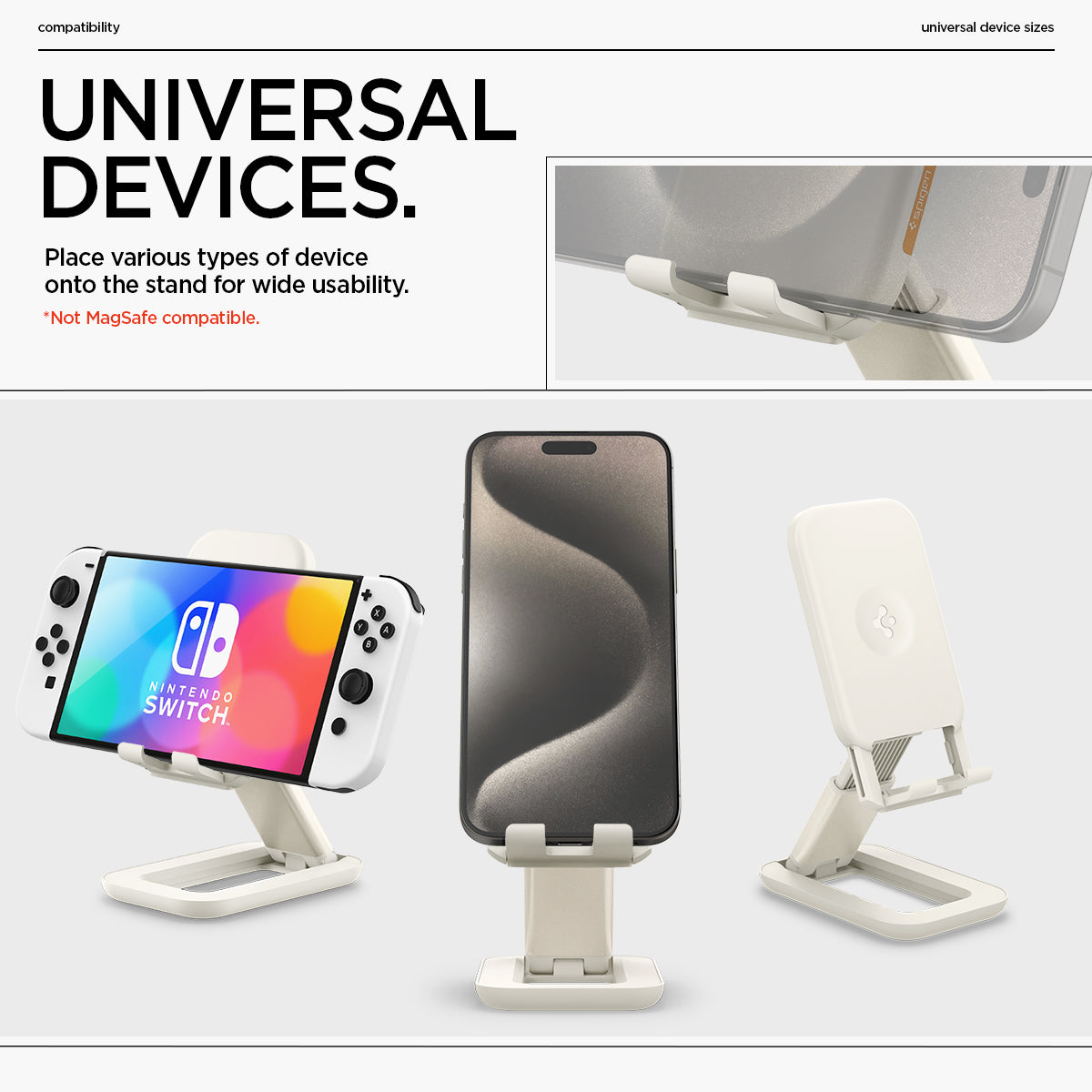 AMP07117 - Universal Phone Stand S311-1 in Dune Beige showing the universal devices, place various types of device onto the stand for wide usability