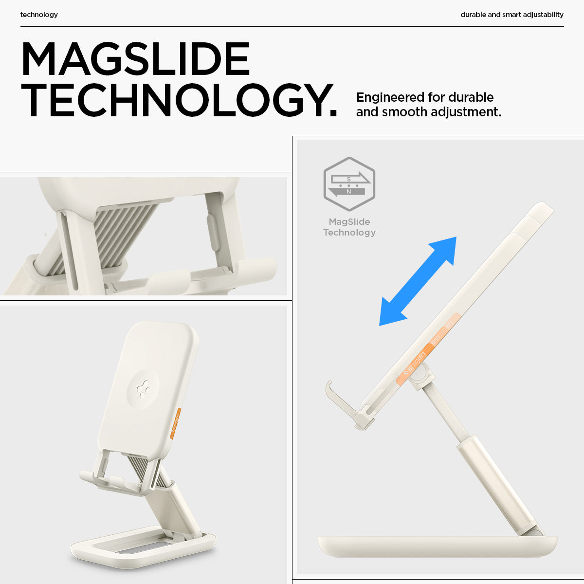 AMP07117 - Universal Phone Stand S311-1 in Dune Beige showing the magslide technology, engineered for durable and smooth adjustable