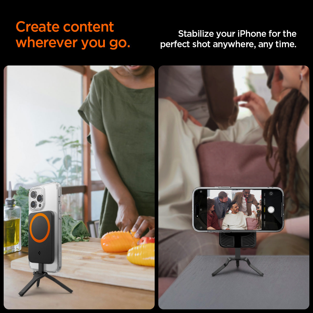 AMP05994 - Magnetic Tripod + Phone Stand S319M (MagFit+) in Black showing the create content wherever you go, stabilize your iphone for the perfect shot anywhere, anytime