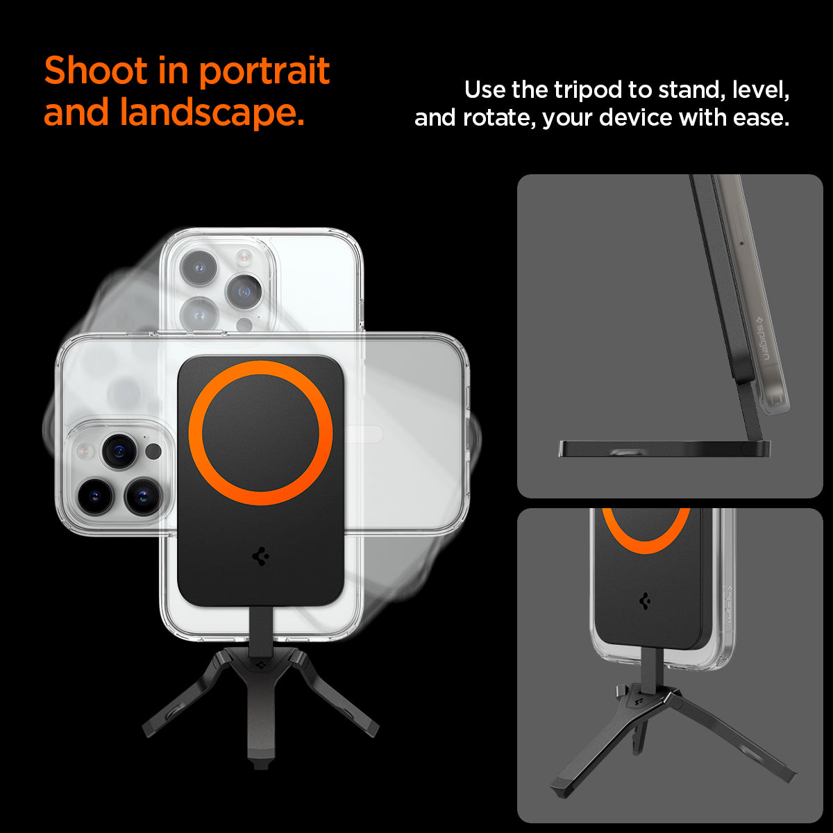 AMP05994 - Magnetic Tripod + Phone Stand S319M (MagFit+) in Black showing the shoot in portrait and landscape, use the tripod to stand, level, and rotate, your device with ease