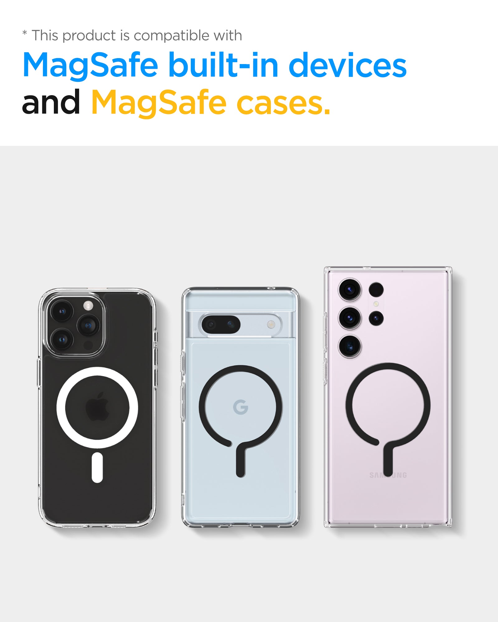 AMP06402 - Tripod Selfie Stick (MagFit) in Black showing the compatibility of magsafe built-in devices and magsafe cases