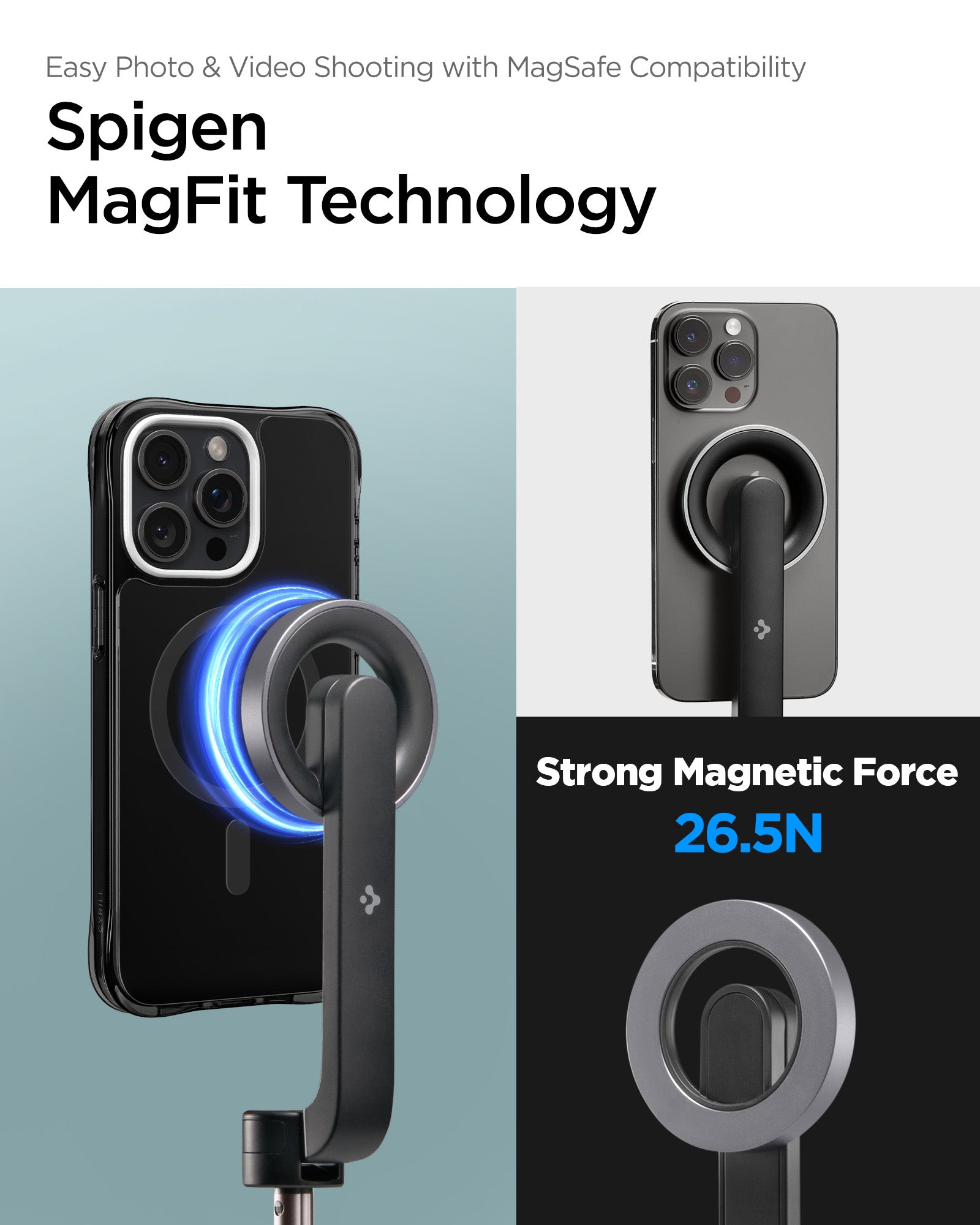 AMP06402 - Tripod Selfie Stick (MagFit) in Black showing the spigen magfit technology, easy photo & video shooting with magsafe compatibility, strong magnetic force 26.5N