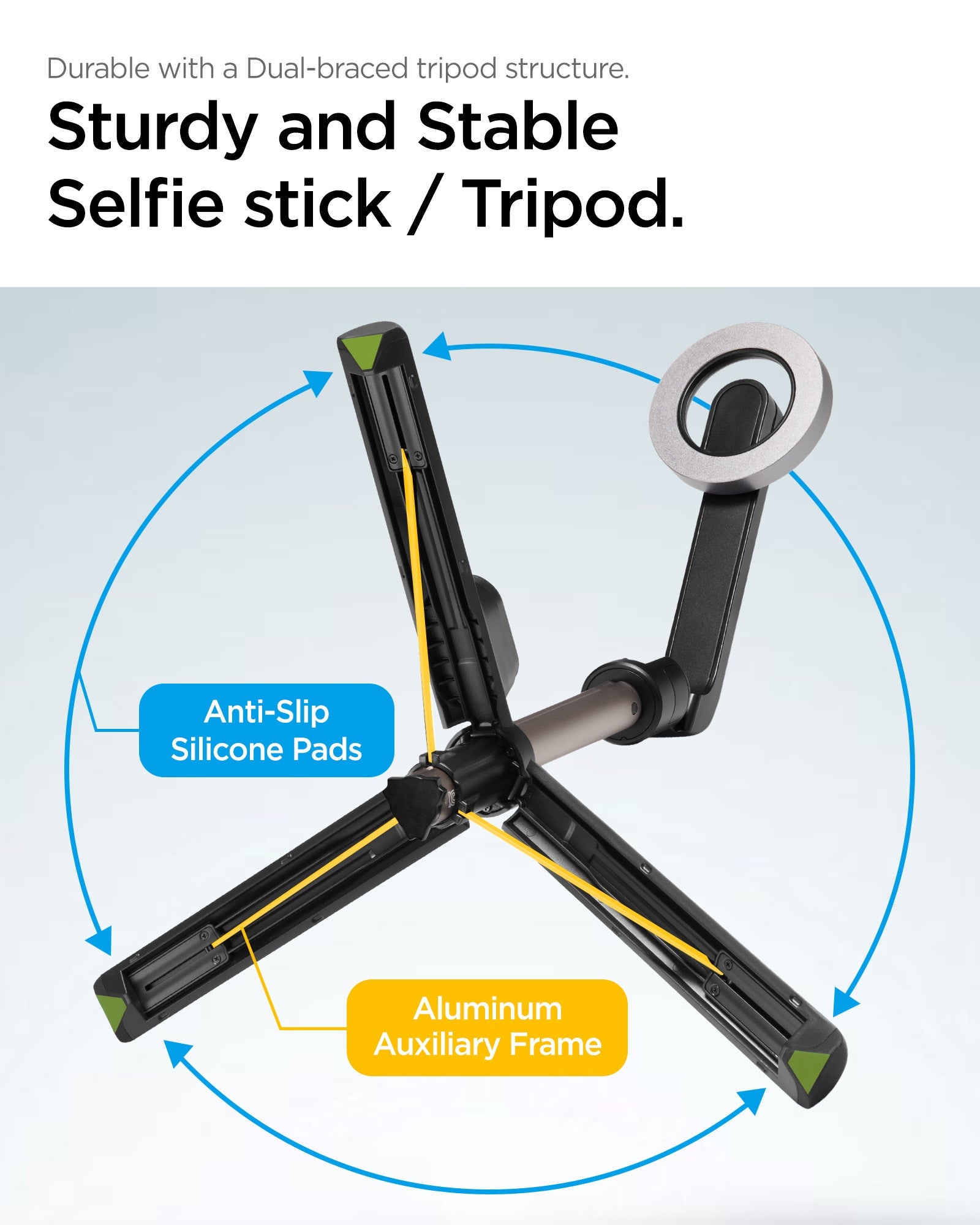 AMP06402 - Tripod Selfie Stick (MagFit) in Black showing the sturdy and stable selfie stick/tripod, durable with a dual-braced tripod structure, with anti-slip silicon pads and aluminum auxiliary frame