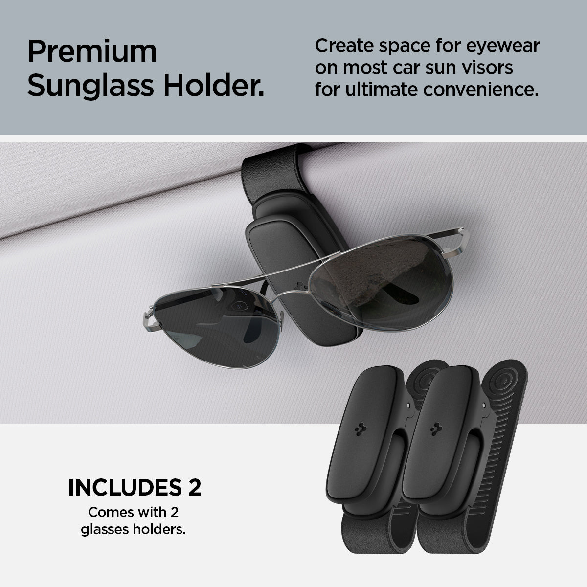 ACP08824 - Visor Sunglass Holder SH100 in Black showing the premium sunglass holder, create space for eyewear on most car sun visors, for ultimate convenience, includes 2, comes with 2 glasses holders