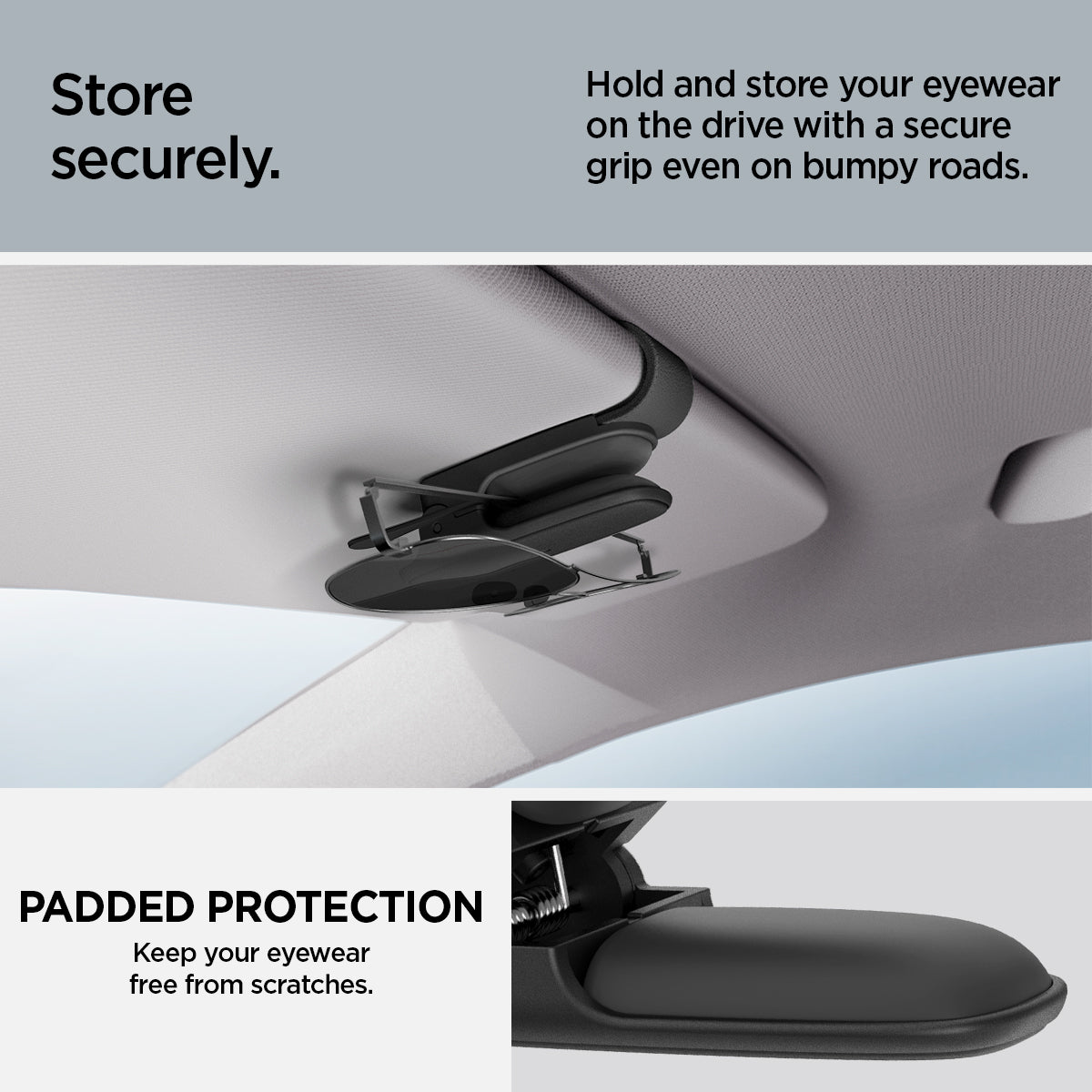 ACP08824 - Visor Sunglass Holder SH100 in Black showing how to store securely, hold and store your eyewear on the drive with a secure grip even on bumpy roads, padded protection, keep your eyewear free from scratches