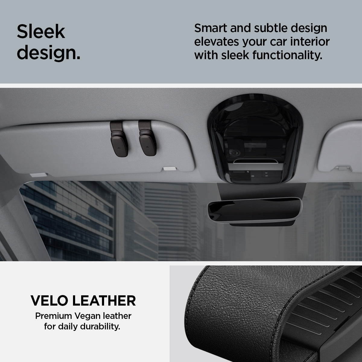 ACP08824 - Visor Sunglass Holder SH100 in Black showing the sleek design, smart and subtle design elevates your car interior with sleek functionality, velo leather premium vegan leather for daily durability