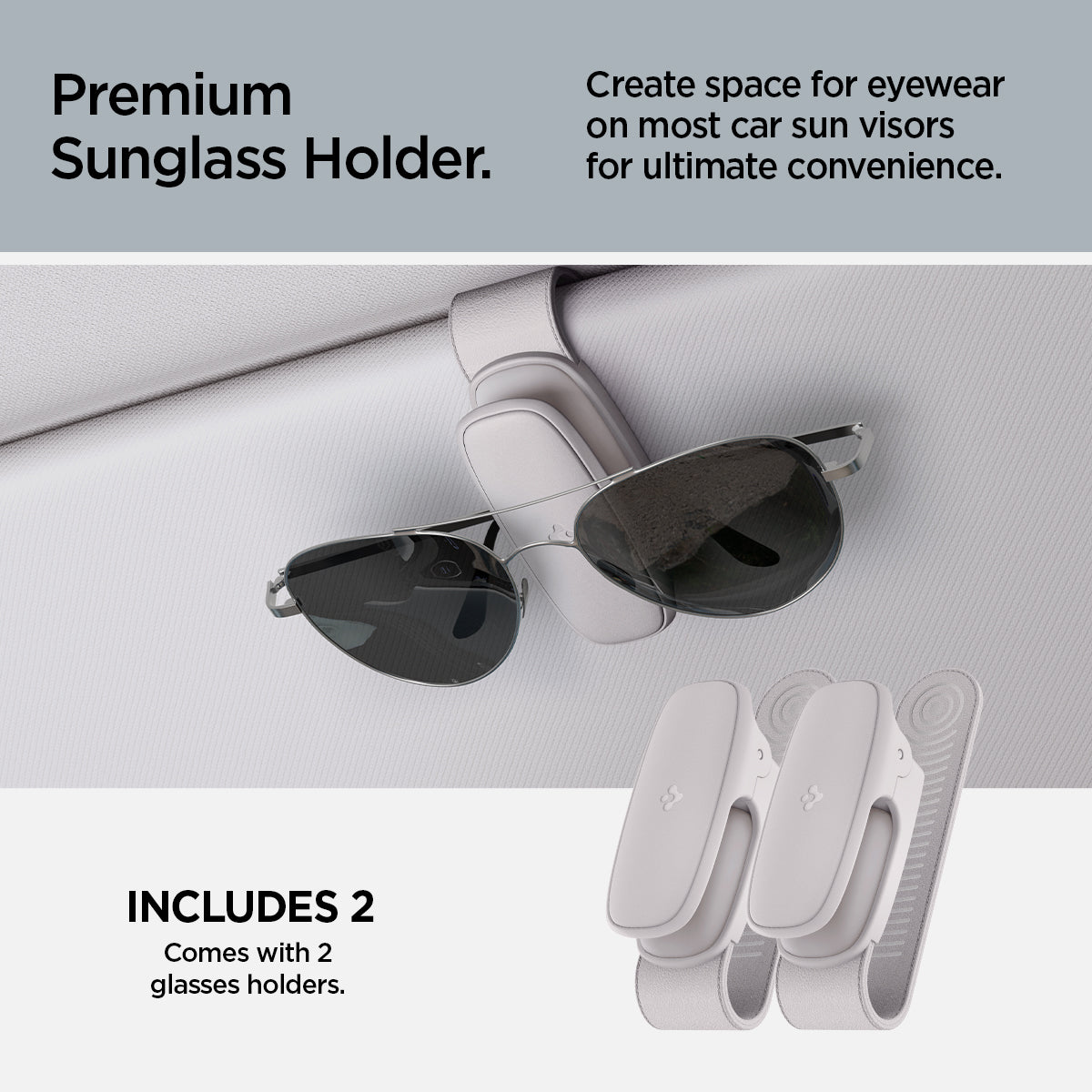 ACP08825 - Visor Sunglass Holder SH100 in Gray showing the premium sunglass holder, create space for eyewear on most car sun visors, for ultimate convenience, includes 2, comes with 2 glasses holders