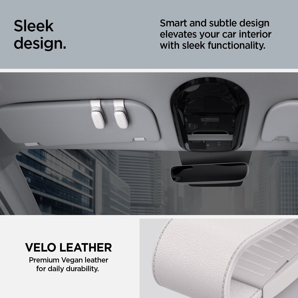 ACP08825 - Visor Sunglass Holder SH100 in Gray showing the sleek design, smart and subtle design elevates your car interior with sleek functionality, velo leather premium vegan leather for daily durability