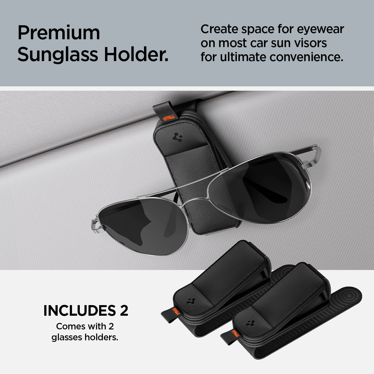 ACP08826 - Visor Leather Sunglass Holder SH101 in Black showing the premium sunglass holder, create space for eyewear on most car sun visors, for ultimate convenience, includes 2, comes with 2 glasses holders