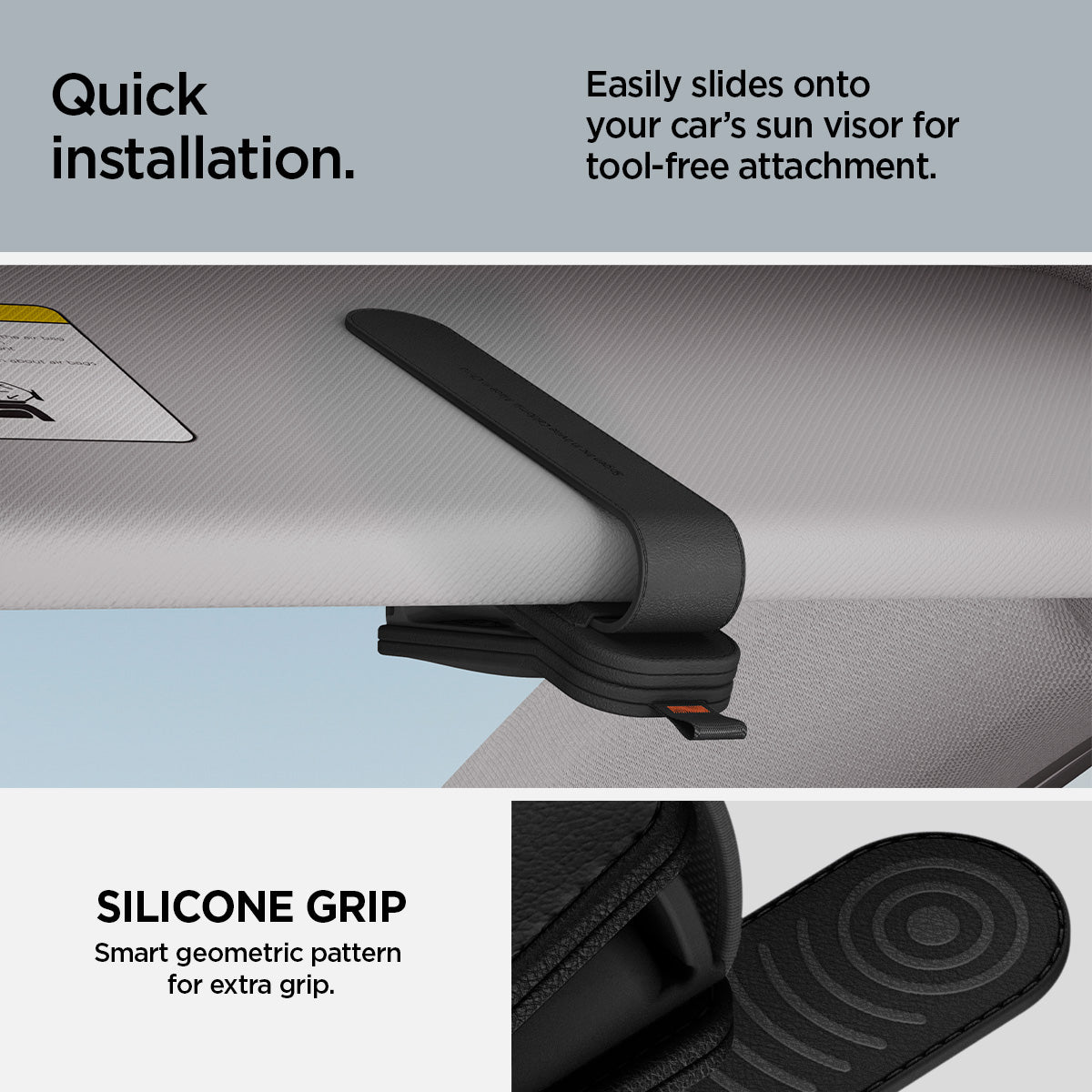 ACP08826 - Visor Leather Sunglass Holder SH101 in Black showing the quick installation, easily slides onto your car's sun visor for too-free attachment, silicone grip, smart geometric pattern for extra grip