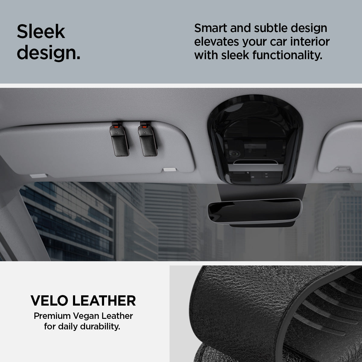 ACP08826 - Visor Leather Sunglass Holder SH101 in Black showing the sleek design, smart and subtle design elevates your car interior with sleek functionality, velo leather premium vegan leather for daily durability