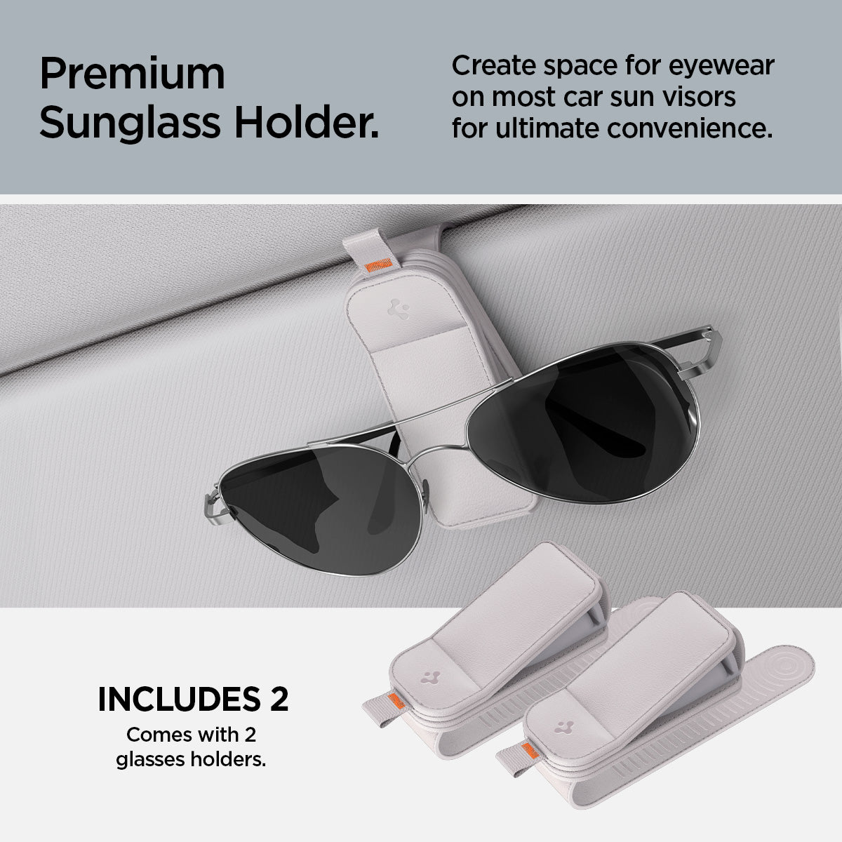 ACP08827 - Visor Leather Sunglass Holder SH101 in Gray showing the premium sunglass holder, create space for eyewear on most car sun visors, for ultimate convenience, includes 2, comes with 2 glasses holders