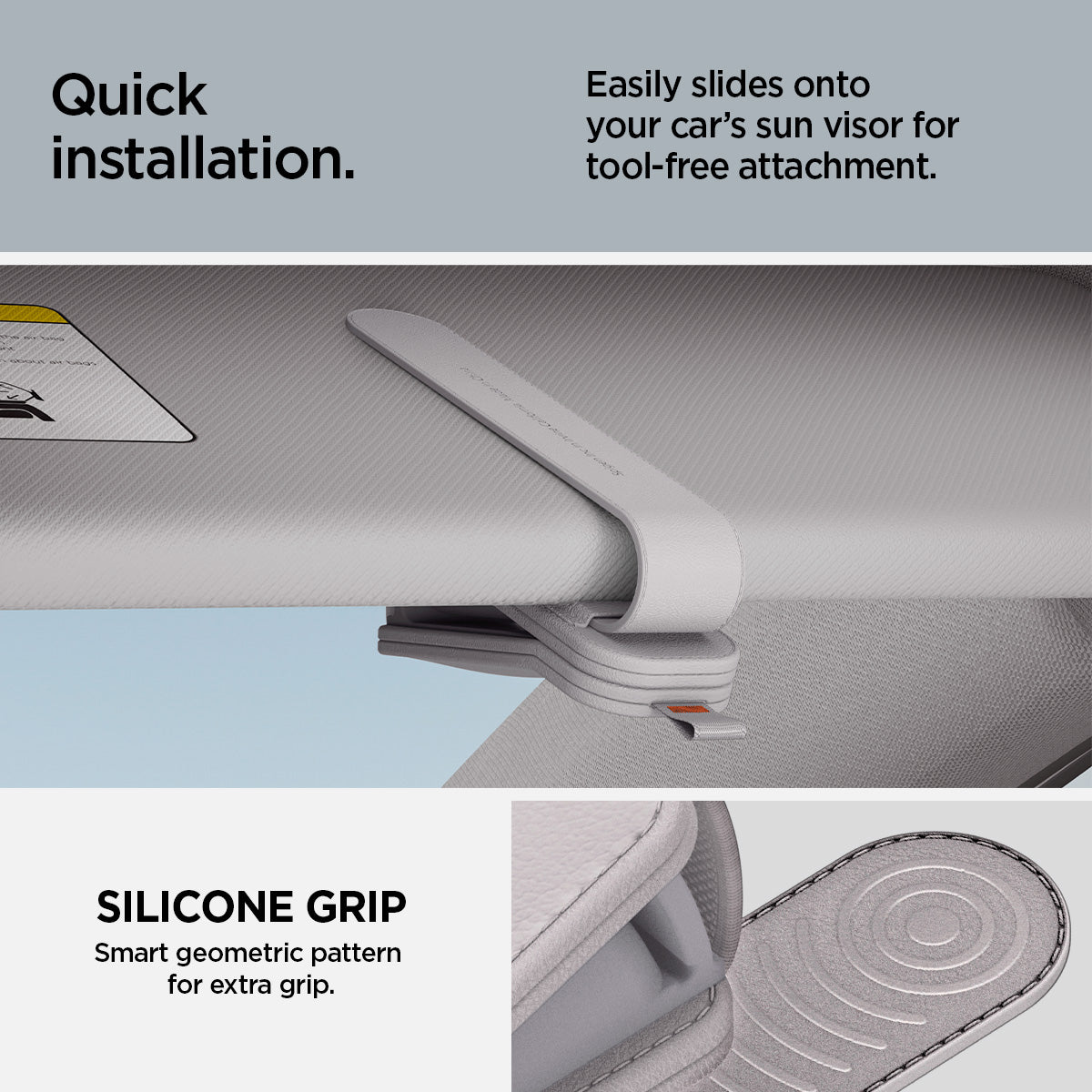 ACP08827 - Visor Leather Sunglass Holder SH101 in Gray showing the quick installation, easily slides onto your car's sun visor for too-free attachment, silicone grip, smart geometric pattern for extra grip