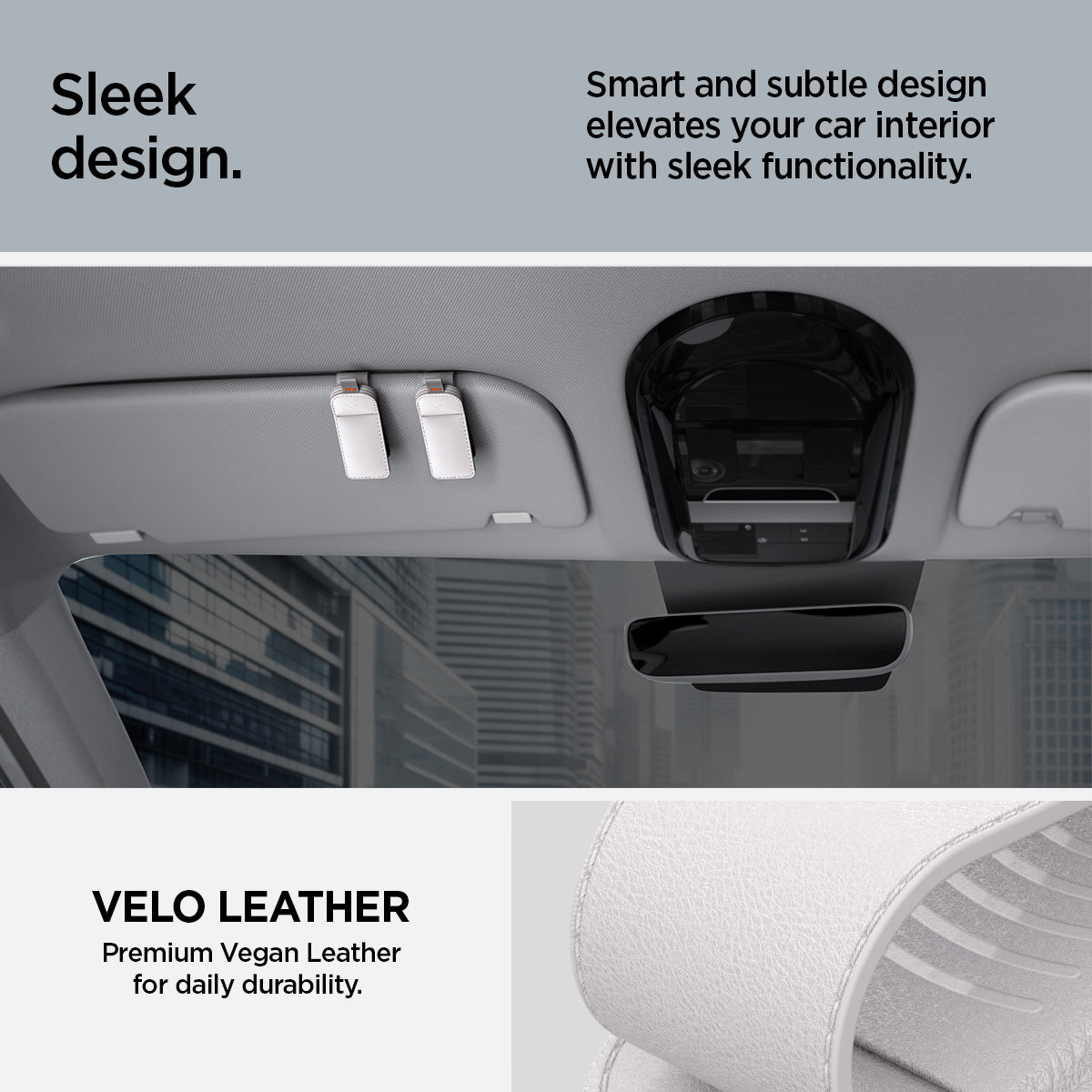 ACP08827 - Visor Leather Sunglass Holder SH101 in Gray showing the sleek design, smart and subtle design elevates your car interior with sleek functionality, velo leather premium vegan leather for daily durability