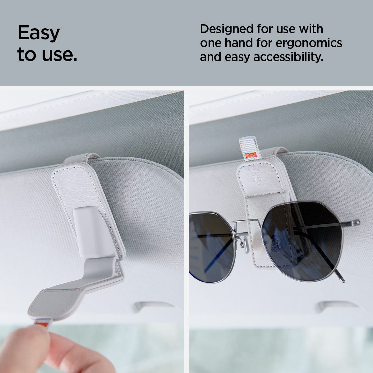 ACP08827 - Visor Leather Sunglass Holder SH101 in Gray showing the easy to use, designed for use with on hand for ergonomics and accessibility for all