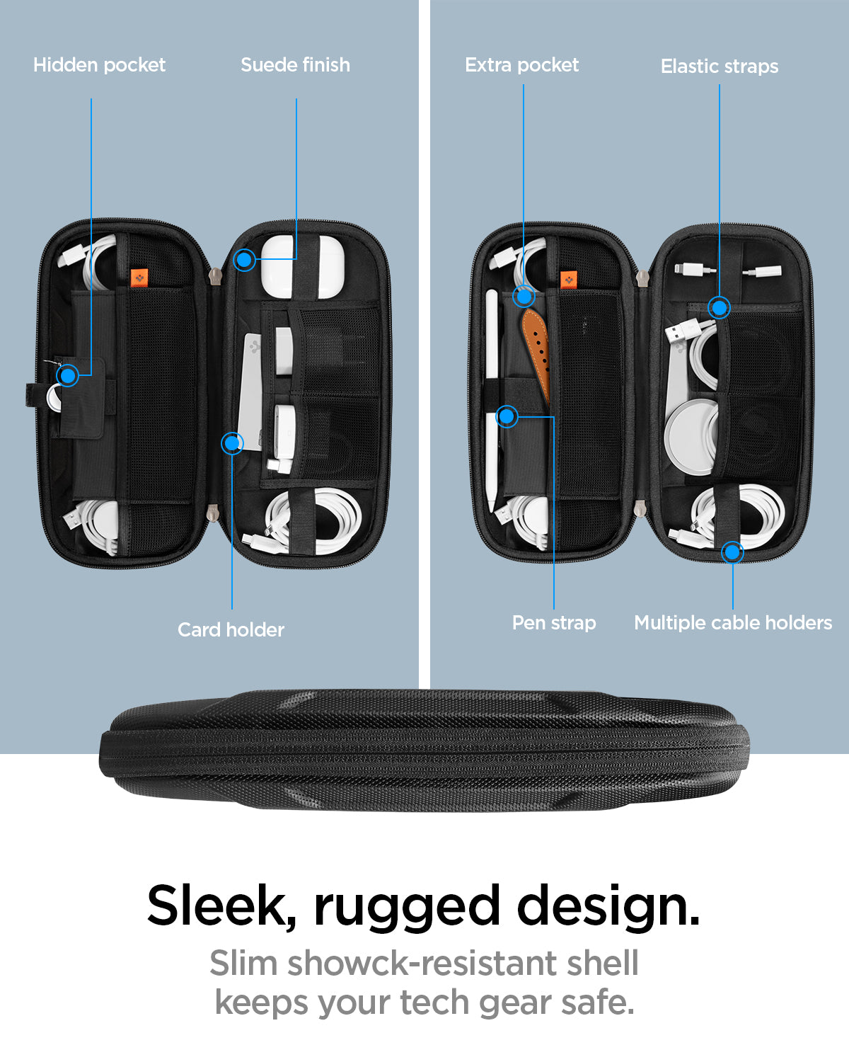 AFA05509 - Rugged Armor® Pro Slim Cable Organizer Bag in black showing the sleek, rugged design, slim showck-resistant shell keeps your tech gear safe, inside the bag are hidden pocket, suede finish, card holder, extra pocket, elastic straps, pen strap and multiple cable holders