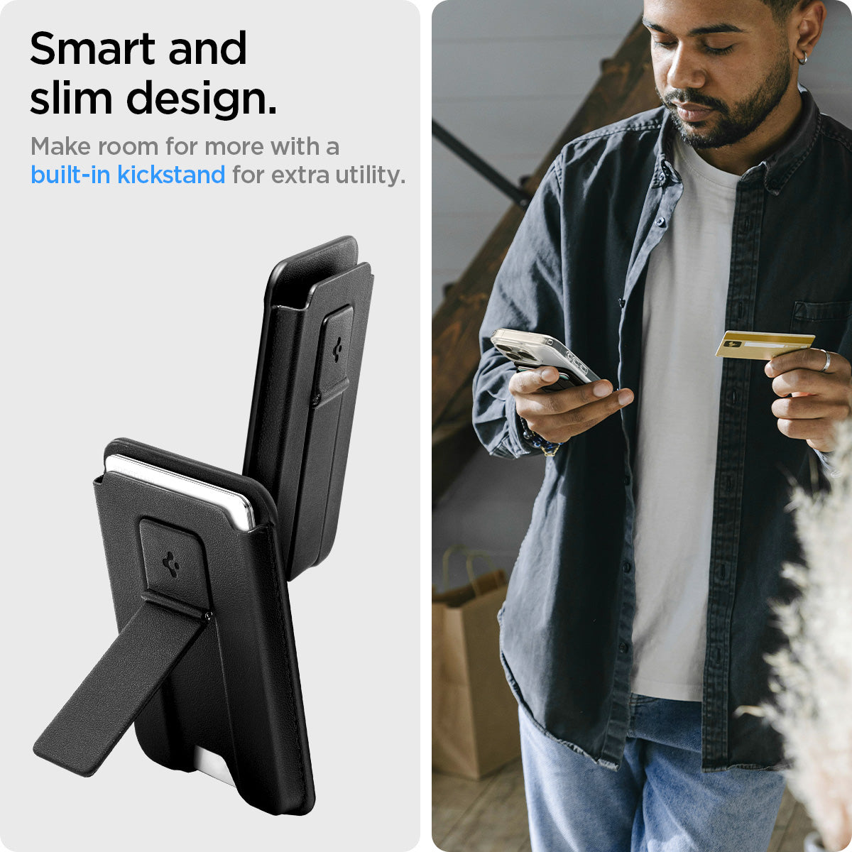AFA07149 - MagSafe Card Holder Smart Fold 2 (MagFit) in Black showing the smart and slim design, make room for more with a built-in kickstand for extra utility