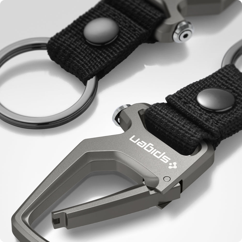 AHP01869 - Carabiner + Keyring in gunmetal showing the carabiner partially clip open and the ring