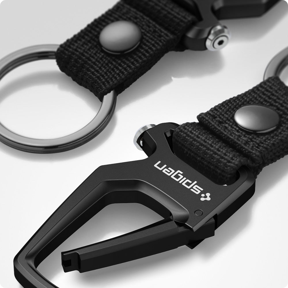 AHP06961 - Carabiner + Keyring in black showing the carabiner partially clip open and the ring