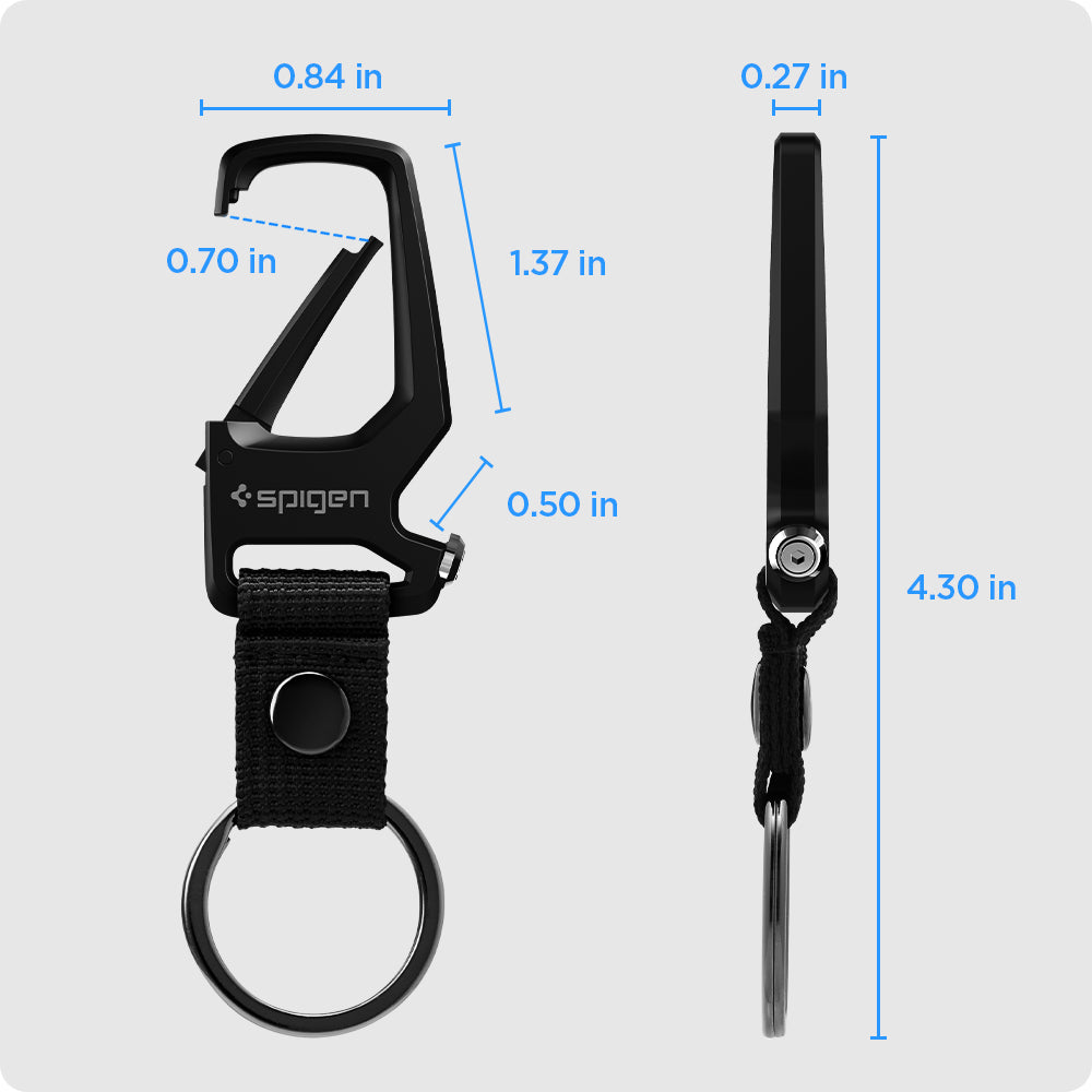 AHP08270 - Carabiner + Keyring in black showing the carabiner size: L(1.37in, 0.50in) x W(0.84in) and hook opening (0.70in), thickness(0.27in) over all length with the strap (4.30in)