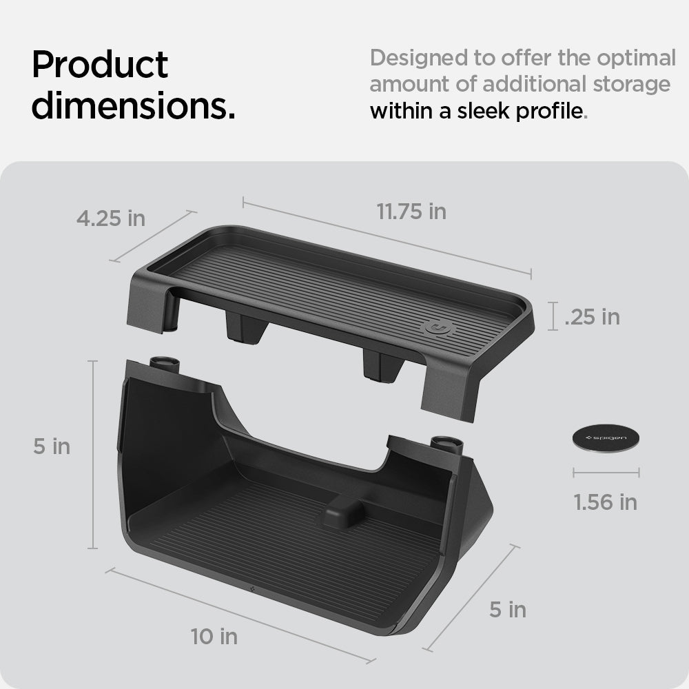 ACP07280 - Tesla Model Y & 3 Under Screen Organizer TO227 in Black showing the Product dimensions. Designed to offer the optimal amount of additional storage within a sleek profile. Size of the top layer: 4.25 in x 11.75 in x .25 in,  inner layer: 5 in x 10 in x 5 in with sticker size of 1.56 in