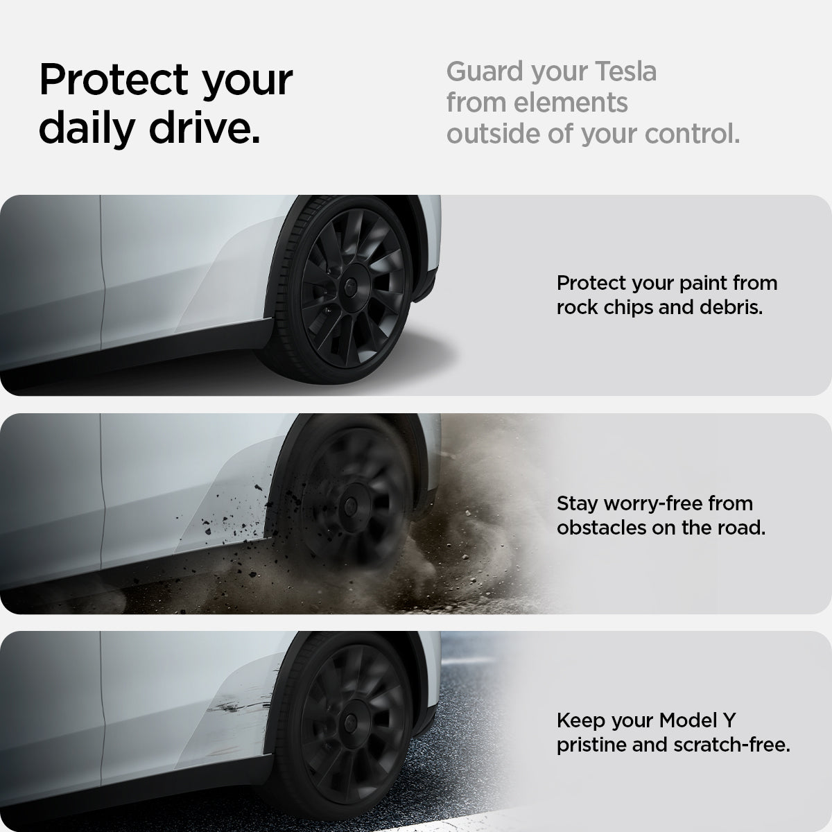 AFL06194 - Tesla Model Y Platinum Shield Fender showing how to protect your daily device, guard your tesla from elements outside of your control, protects your paint form rock chips and debris, stay worry-free from obstacles on the road, Keep your Model Y pristine and scratch-free