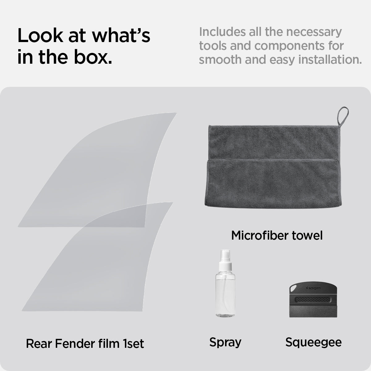 AFL06194 - Tesla Model Y Platinum Shield Fender showing the what's in the box, includes all the necessary tools and components for smooth and easy installation, with micro towel, rear fender film 1set, spray and squeegee