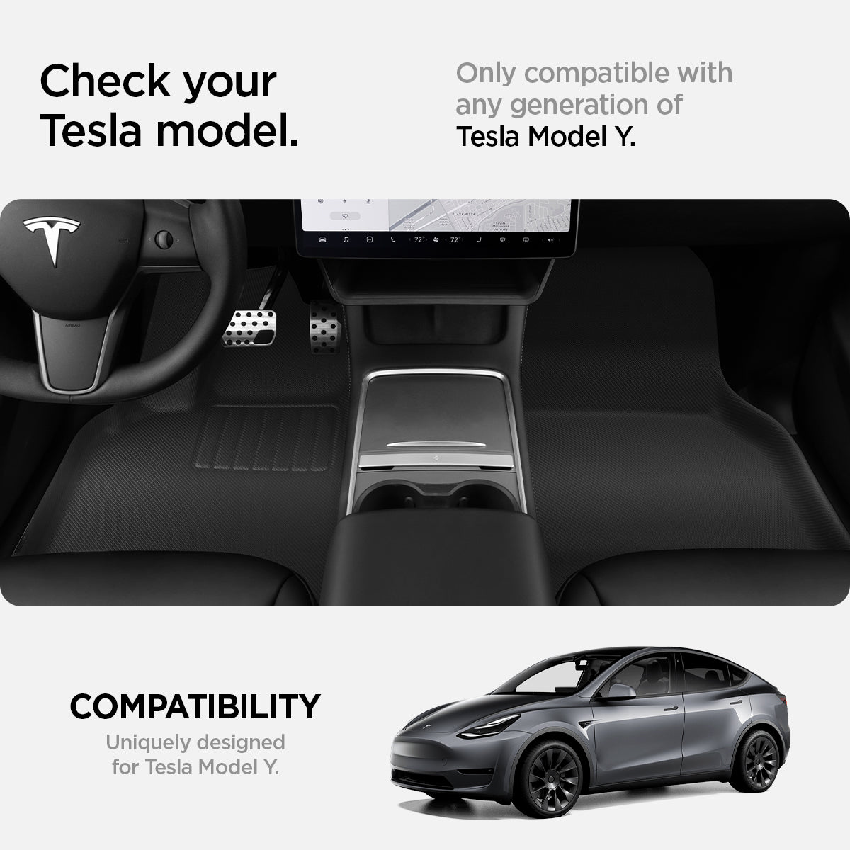 ACP07579 - Tesla Model Y WeatherBloc Floor Mat TLF-Y in Black showing the compatibility, only compatible with any generation of Tesla Model Y