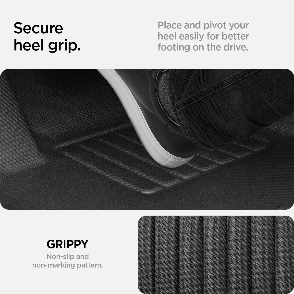 ACP07579 - Tesla Model Y WeatherBloc Floor Mat TLF-Y in Black showing the secure heel grip, place and pivot your heel easily for better footing on the drive, non-slip and non-marking pattern