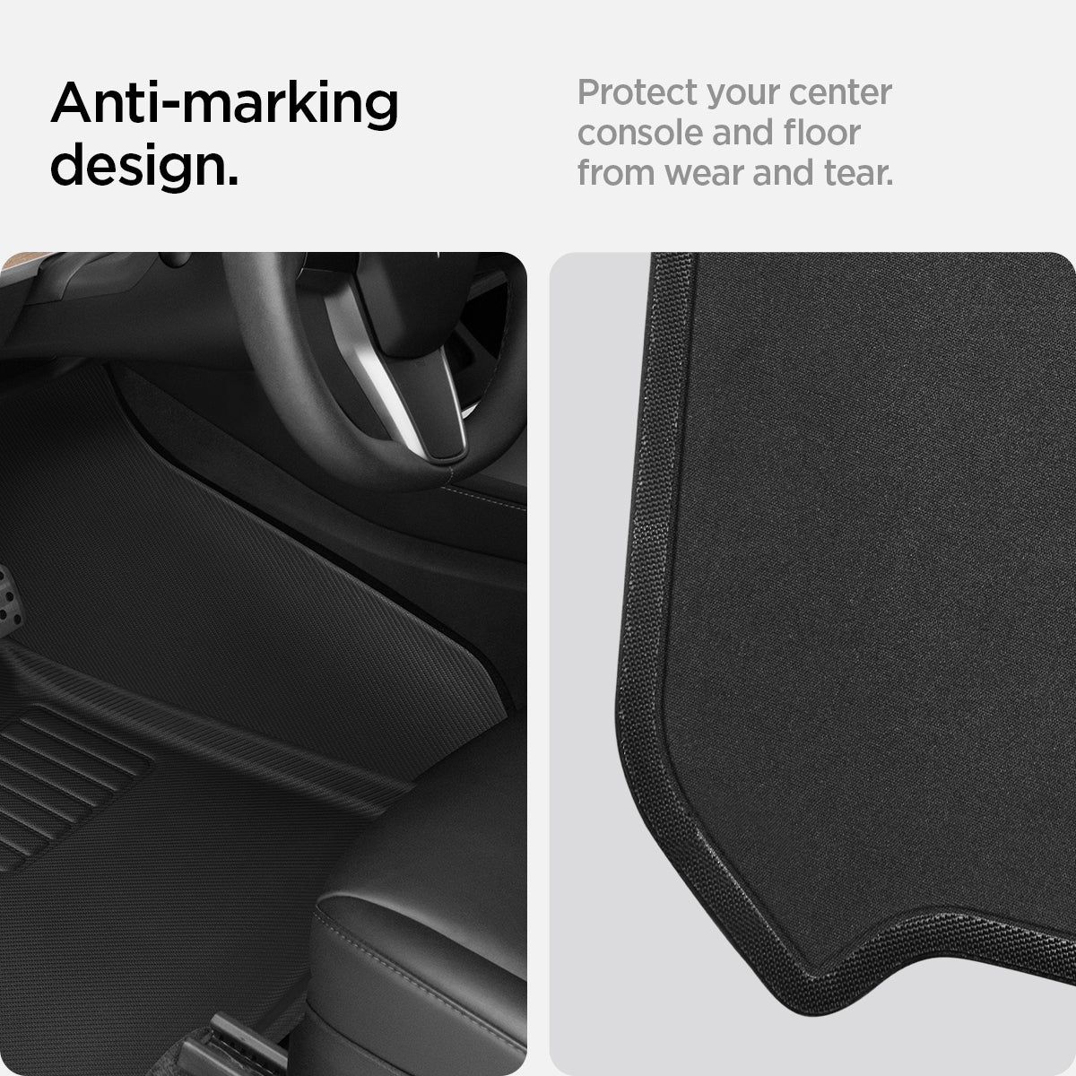 ACP07579 - Tesla Model Y WeatherBloc Floor Mat TLF-Y in Black showing the anti-making design, protect your center console and floor from wear and tear