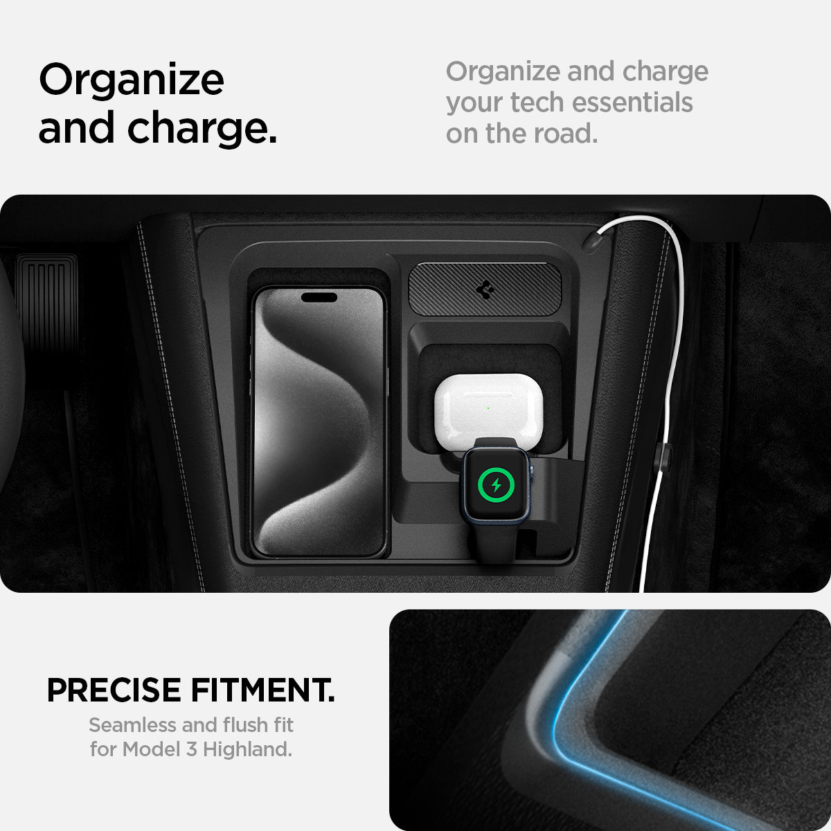 ACP07501 - Tesla Model 3 Highland - 3 in 1 Charging Organizer TO272H in Black showing the organize and charge your tech essentials on the road, precise fitment, seamless and flush fit, for model 3 Highland