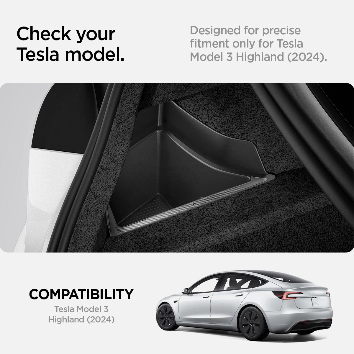 ACP08352 - Tesla Model 3 Highland Trunk Organizer TO228H in Black showing your tesla model, designed for precise fitment only for tesla model 3 highland (2024), compatibility, tesla model 3 highland (2024)