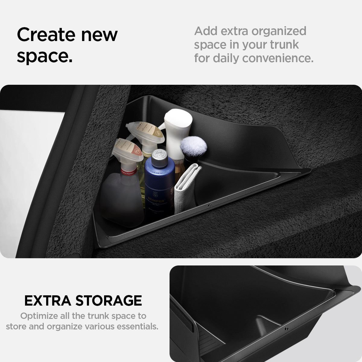 ACP08352 - Tesla Model 3 Highland Trunk Organizer TO228H in Black showing how to create space, add extra organized space in your trunk for daily convenience  extra storage, optimize all the trunk space to store and organize various essentials