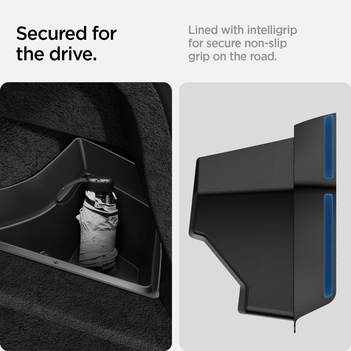 ACP08352 - Tesla Model 3 Highland Trunk Organizer TO228H in Black showing the secure for the drive, lined with intelligrip for secure non-slip grip on the road