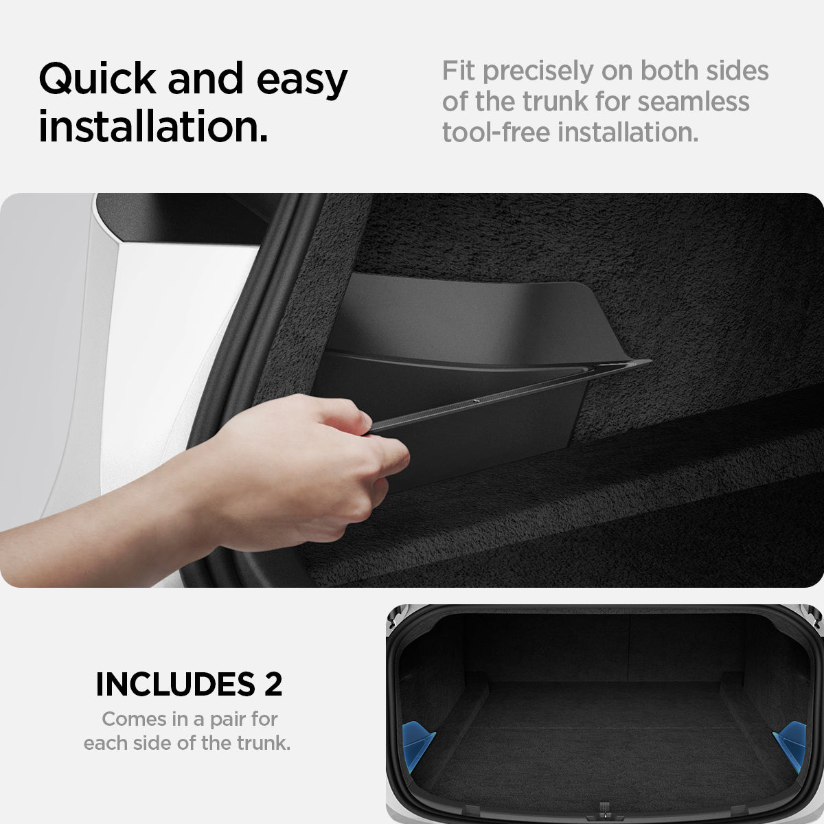 ACP08352 - Tesla Model 3 Highland Trunk Organizer TO228H in Black showing the quick and easy installation, fit precisely on both sides of the trunk for seamless tool-free installation, includes 2 com comes in a pair for each side of the trunk