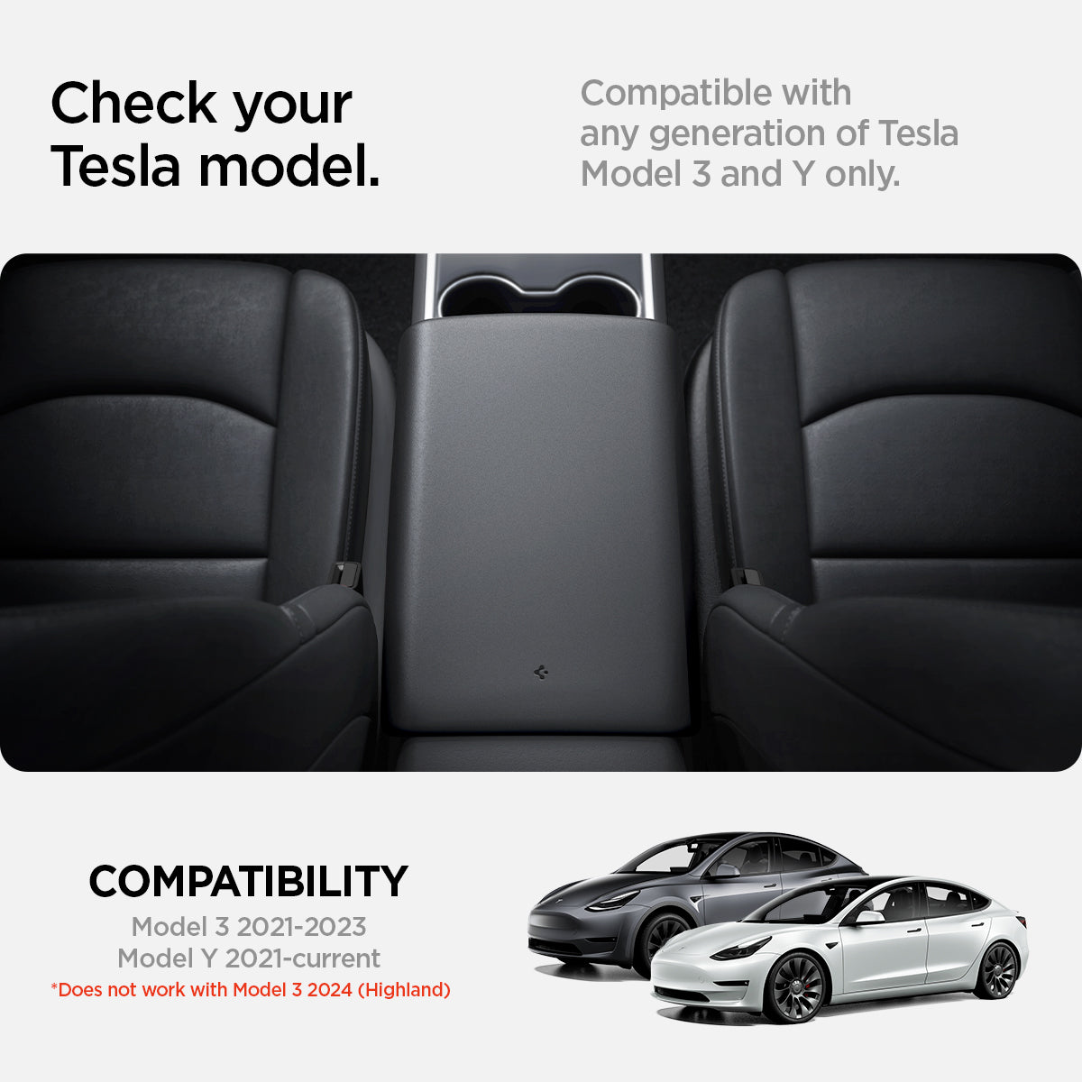 ACP06042 - Tesla Model 3 & Y Armrest Cover in black showing the compatibility with any generation of Tesla Model 3 and Y only, Compatibility on with Model 3 2021-2023, Model Y 2021-current, does not work with Model 3 2024 (Highland)