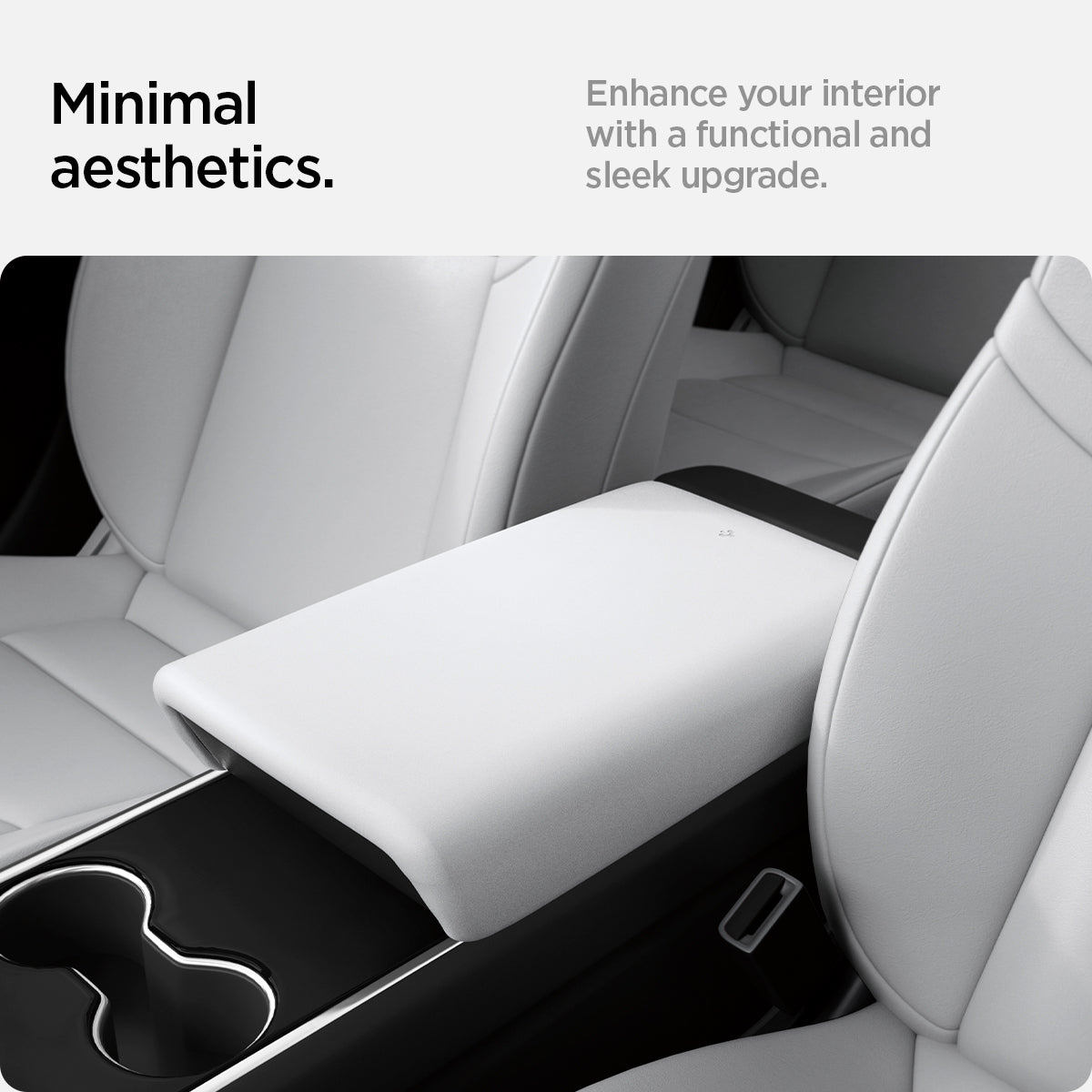 ACP07645 - Tesla Model Y & 3 Armrest Cover TO240 in White showing the minimal aesthetics, enhance your interior with a functional and sleek upgrade