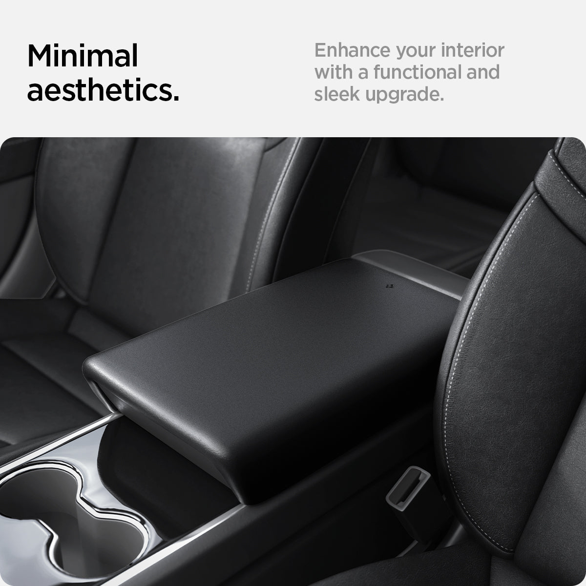 ACP06042 - Tesla Model 3 & Y Armrest Cover in black showing the minimal aesthetics, enhance your interior with a functional and sleek upgrade