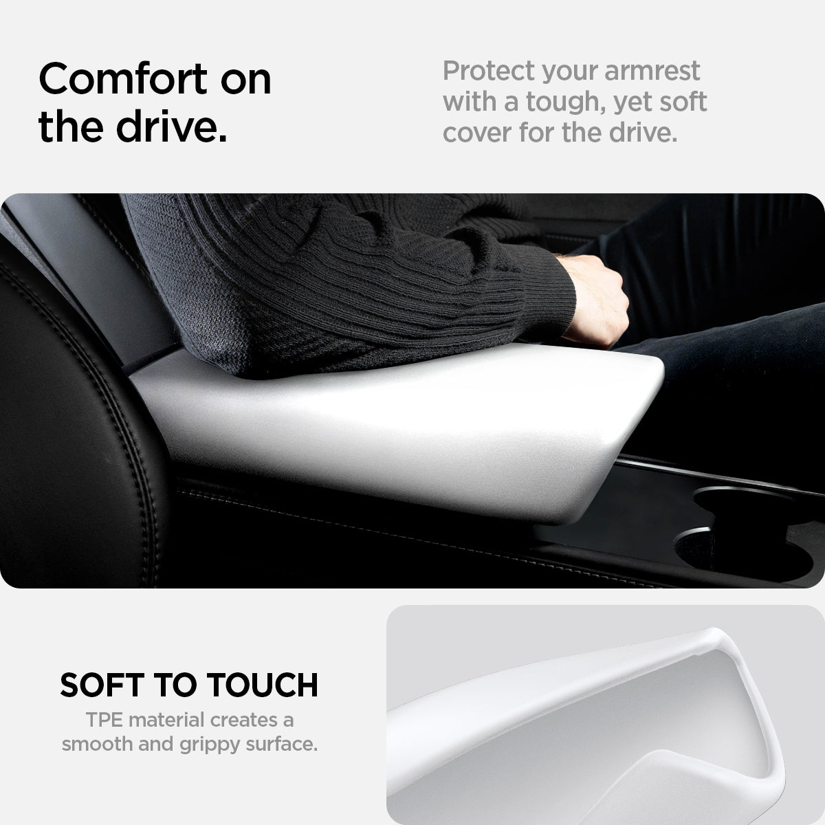 ACP07645 - Tesla Model Y & 3 Armrest Cover TO240 in White showing the comfort on the drive, protect your armrest with a tough, yet soft cover for the drive, soft to touch, TPE material creates a smooth and grippy surface