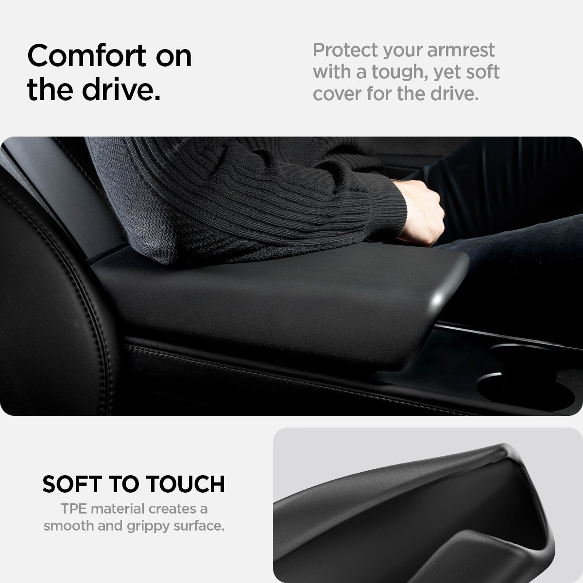 ACP06042 - Tesla Model 3 & Y Armrest Cover in black showing the comfort on the drive, protect your armrest with a tough, yet soft cover for the drive, soft to touch, TPE material creates a smooth and grippy surface