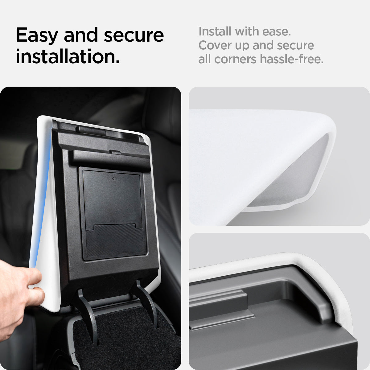 ACP07645 - Tesla Model Y & 3 Armrest Cover TO240 in White showing the easy and secure installation, install with ease. Cover up and secure all corner hassle-free